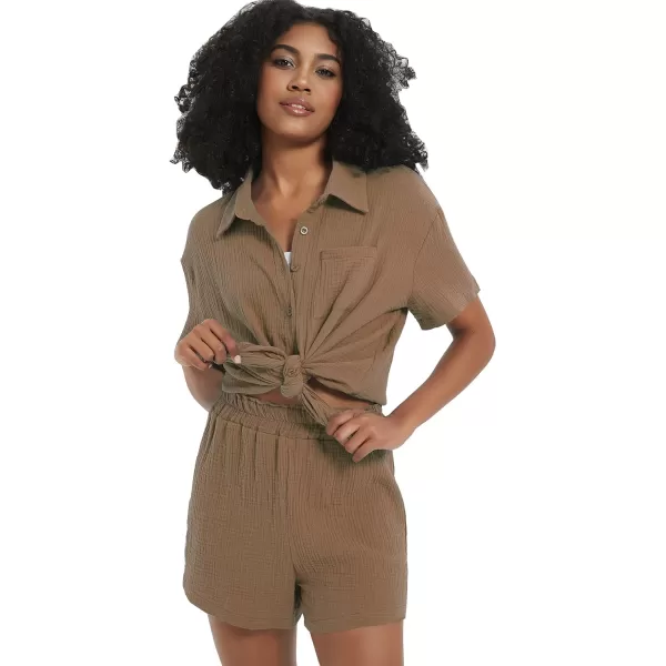 Flygo Womens Casual 2 Piece Outfits Cotton Linen Sets Button Down Shirt Top Shorts Pajama Set Tracksuit