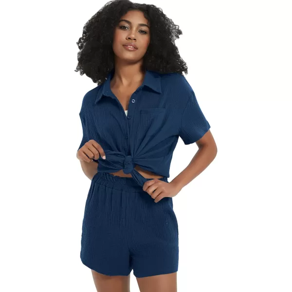 Flygo Womens Casual 2 Piece Outfits Cotton Linen Sets Button Down Shirt Top Shorts Pajama Set Tracksuit
