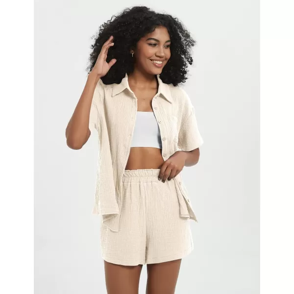 Flygo Womens Casual 2 Piece Outfits Cotton Linen Sets Button Down Shirt Top Shorts Pajama Set Tracksuit