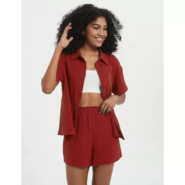 Flygo Womens Casual 2 Piece Outfits Cotton Linen Sets Button Down Shirt Top Shorts Pajama Set Tracksuit