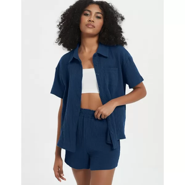 Flygo Womens Casual 2 Piece Outfits Cotton Linen Sets Button Down Shirt Top Shorts Pajama Set Tracksuit