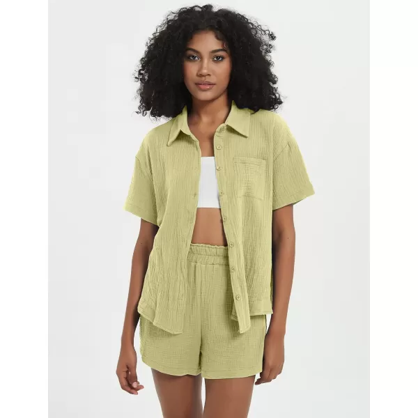 Flygo Womens Casual 2 Piece Outfits Cotton Linen Sets Button Down Shirt Top Shorts Pajama Set Tracksuit