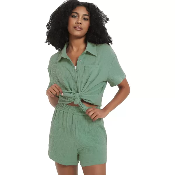 Flygo Womens Casual 2 Piece Outfits Cotton Linen Sets Button Down Shirt Top Shorts Pajama Set Tracksuit