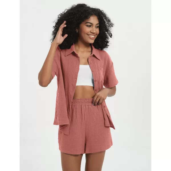 Flygo Womens Casual 2 Piece Outfits Cotton Linen Sets Button Down Shirt Top Shorts Pajama Set Tracksuit