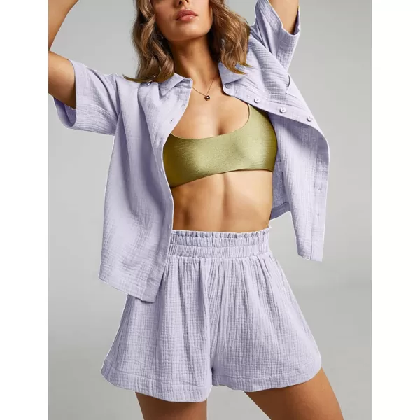 Flygo Womens Casual 2 Piece Outfits Cotton Linen Sets Button Down Shirt Top Shorts Pajama Set Tracksuit