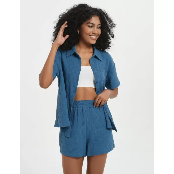 Flygo Womens Casual 2 Piece Outfits Cotton Linen Sets Button Down Shirt Top Shorts Pajama Set Tracksuit