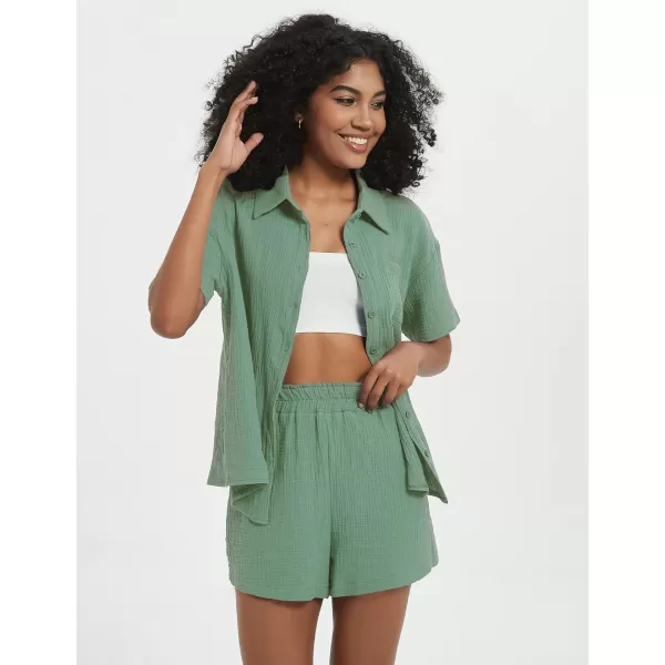 Flygo Womens Casual 2 Piece Outfits Cotton Linen Sets Button Down Shirt Top Shorts Pajama Set Tracksuit