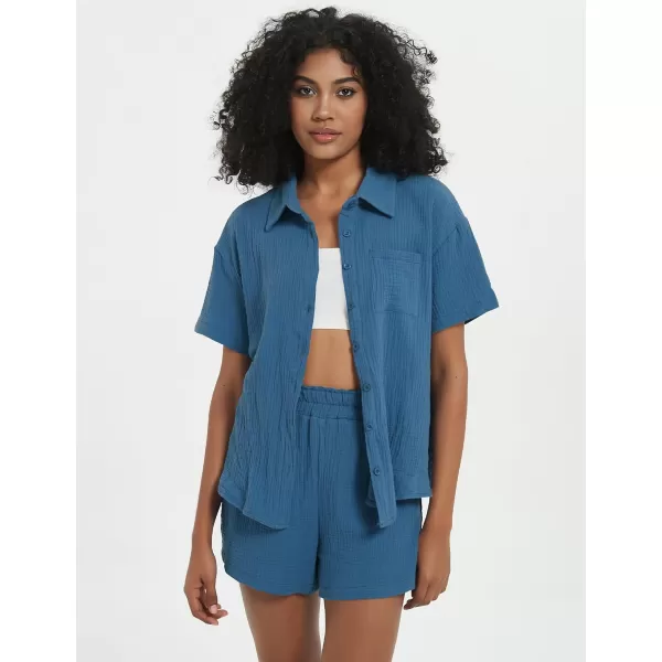Flygo Womens Casual 2 Piece Outfits Cotton Linen Sets Button Down Shirt Top Shorts Pajama Set Tracksuit