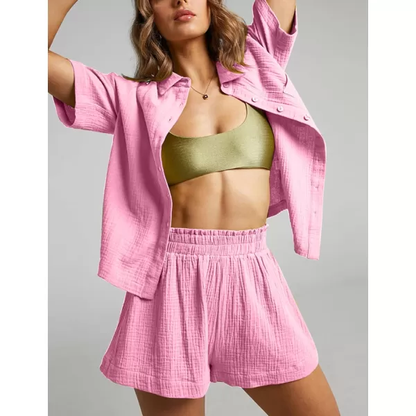 Flygo Womens Casual 2 Piece Outfits Cotton Linen Sets Button Down Shirt Top Shorts Pajama Set Tracksuit