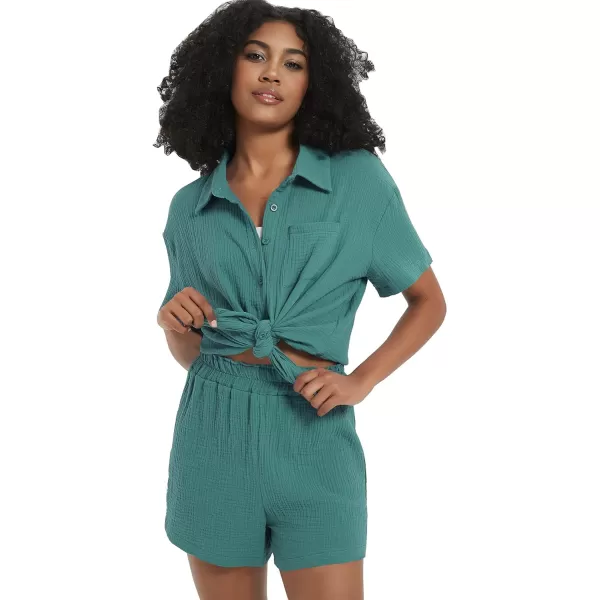 Flygo Womens Casual 2 Piece Outfits Cotton Linen Sets Button Down Shirt Top Shorts Pajama Set Tracksuit