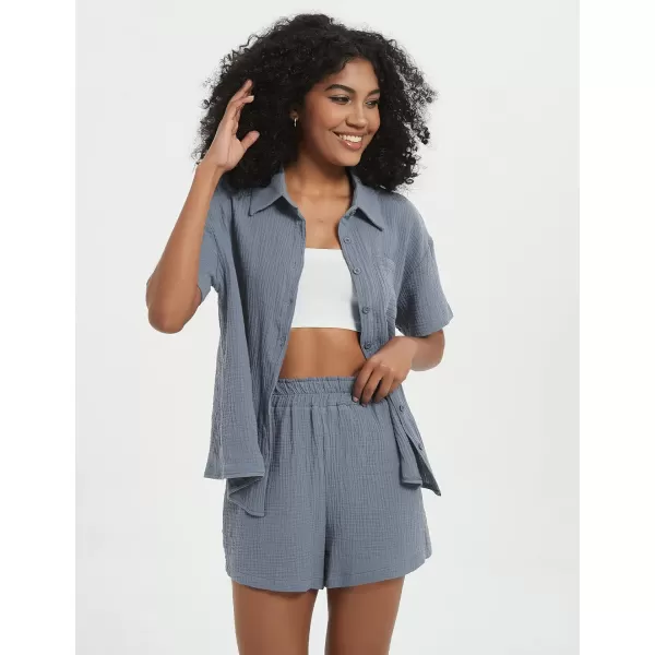 Flygo Womens Casual 2 Piece Outfits Cotton Linen Sets Button Down Shirt Top Shorts Pajama Set Tracksuit