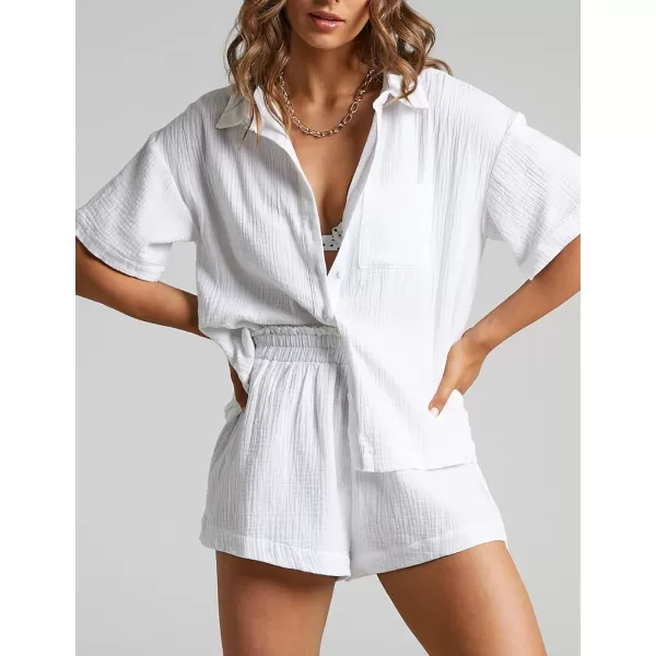 Flygo Womens Casual 2 Piece Outfits Cotton Linen Sets Button Down Shirt Top Shorts Pajama Set Tracksuit