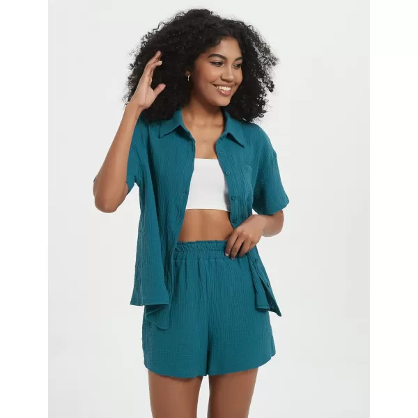 Flygo Womens Casual 2 Piece Outfits Cotton Linen Sets Button Down Shirt Top Shorts Pajama Set Tracksuit