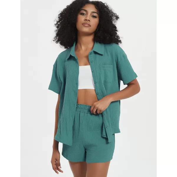 Flygo Womens Casual 2 Piece Outfits Cotton Linen Sets Button Down Shirt Top Shorts Pajama Set Tracksuit