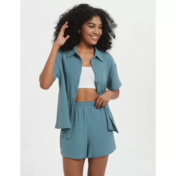 Flygo Womens Casual 2 Piece Outfits Cotton Linen Sets Button Down Shirt Top Shorts Pajama Set Tracksuit