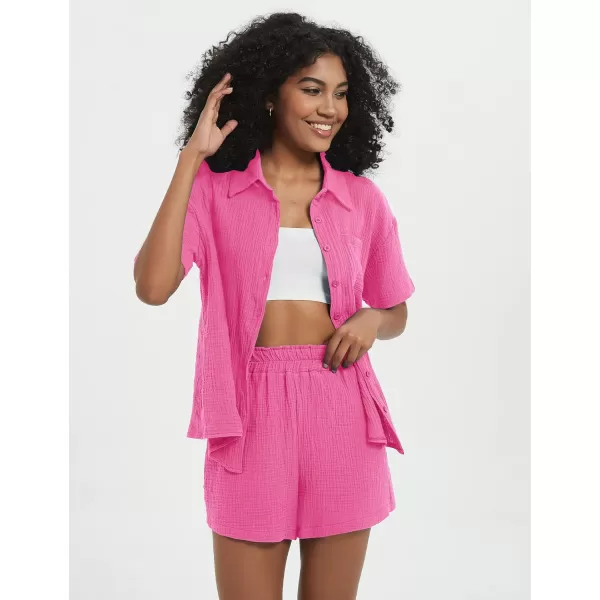 Flygo Womens Casual 2 Piece Outfits Cotton Linen Sets Button Down Shirt Top Shorts Pajama Set Tracksuit