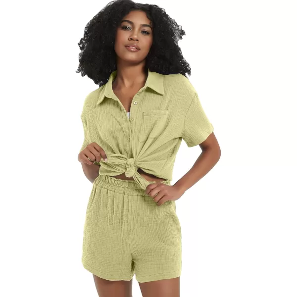 Flygo Womens Casual 2 Piece Outfits Cotton Linen Sets Button Down Shirt Top Shorts Pajama Set Tracksuit