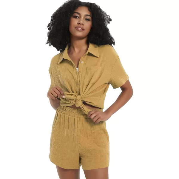 Flygo Womens Casual 2 Piece Outfits Cotton Linen Sets Button Down Shirt Top Shorts Pajama Set Tracksuit