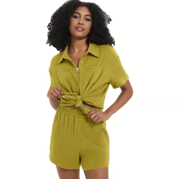 Flygo Womens Casual 2 Piece Outfits Cotton Linen Sets Button Down Shirt Top Shorts Pajama Set Tracksuit