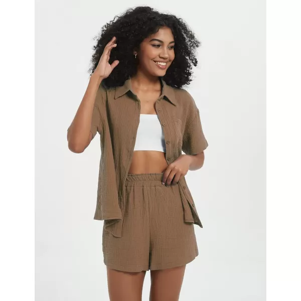 Flygo Womens Casual 2 Piece Outfits Cotton Linen Sets Button Down Shirt Top Shorts Pajama Set Tracksuit