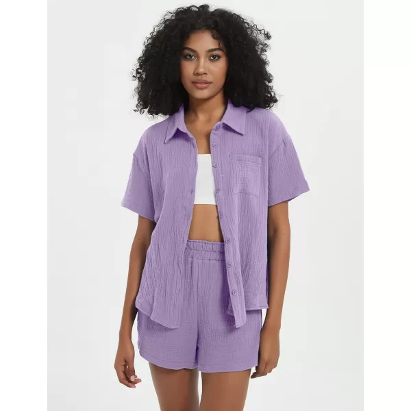 Flygo Womens Casual 2 Piece Outfits Cotton Linen Sets Button Down Shirt Top Shorts Pajama Set Tracksuit