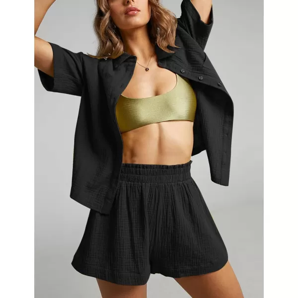 Flygo Womens Casual 2 Piece Outfits Cotton Linen Sets Button Down Shirt Top Shorts Pajama Set Tracksuit