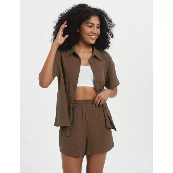 Flygo Womens Casual 2 Piece Outfits Cotton Linen Sets Button Down Shirt Top Shorts Pajama Set Tracksuit