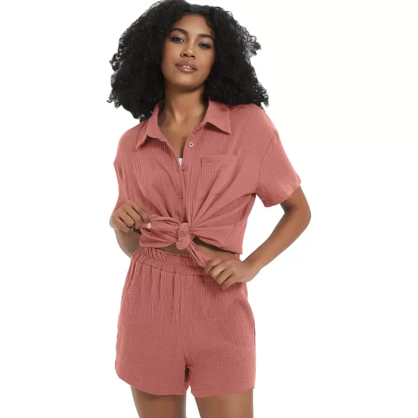 Flygo Womens Casual 2 Piece Outfits Cotton Linen Sets Button Down Shirt Top Shorts Pajama Set Tracksuit