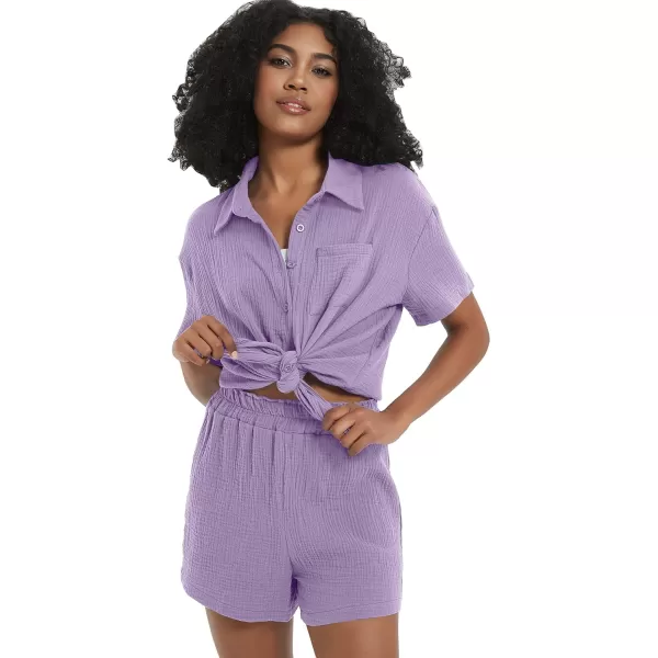 Flygo Womens Casual 2 Piece Outfits Cotton Linen Sets Button Down Shirt Top Shorts Pajama Set Tracksuit