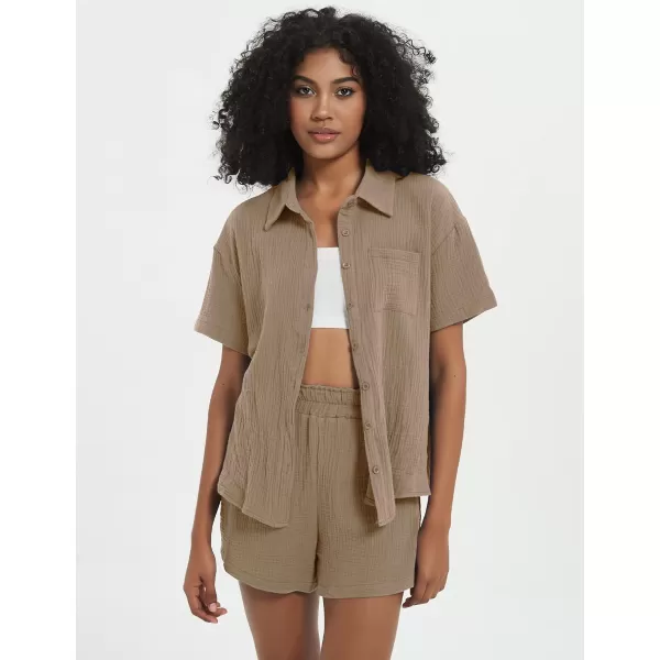 Flygo Womens Casual 2 Piece Outfits Cotton Linen Sets Button Down Shirt Top Shorts Pajama Set Tracksuit