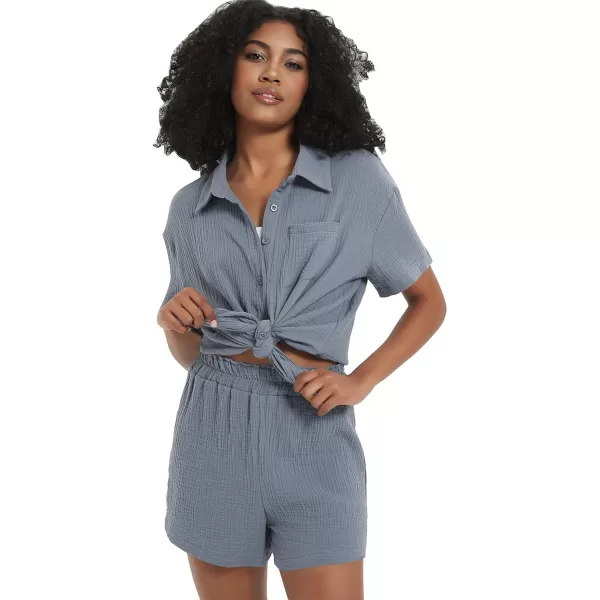 Flygo Womens Casual 2 Piece Outfits Cotton Linen Sets Button Down Shirt Top Shorts Pajama Set Tracksuit