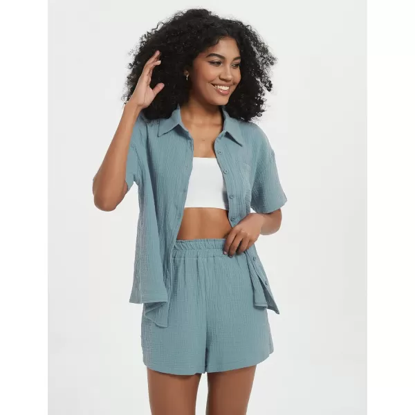 Flygo Womens Casual 2 Piece Outfits Cotton Linen Sets Button Down Shirt Top Shorts Pajama Set Tracksuit