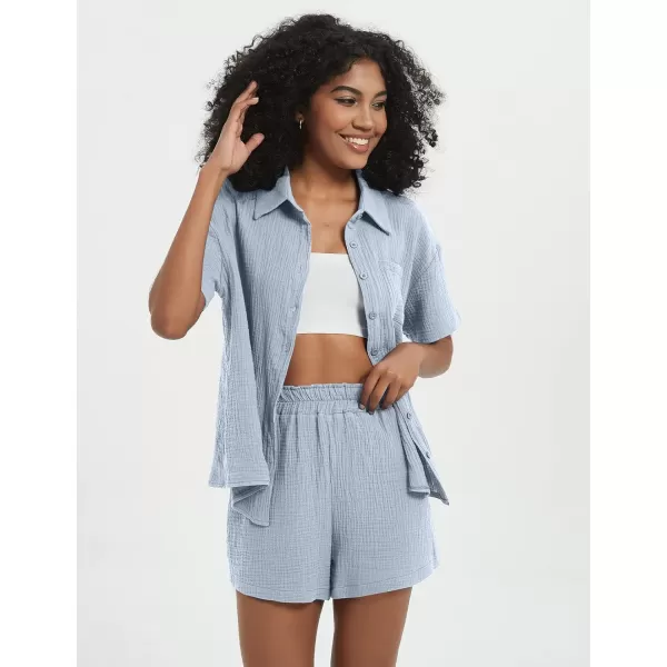 Flygo Womens Casual 2 Piece Outfits Cotton Linen Sets Button Down Shirt Top Shorts Pajama Set Tracksuit