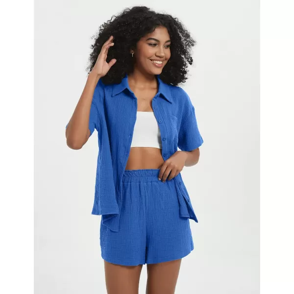 Flygo Womens Casual 2 Piece Outfits Cotton Linen Sets Button Down Shirt Top Shorts Pajama Set Tracksuit