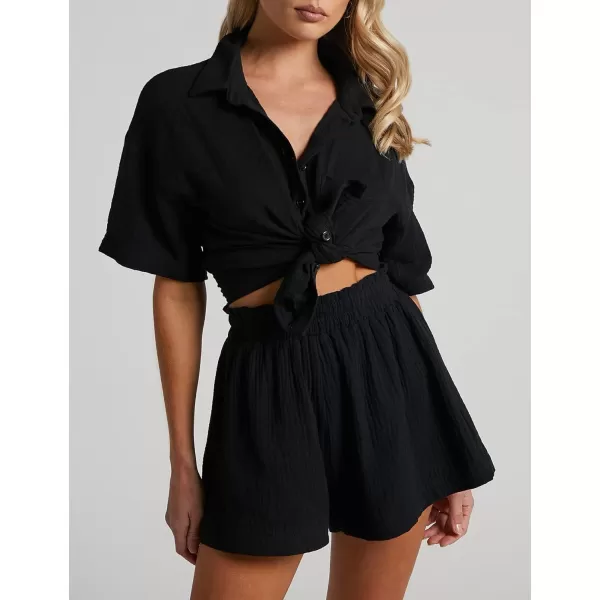 Flygo Womens Casual 2 Piece Outfits Cotton Linen Sets Button Down Shirt Top Shorts Pajama Set Tracksuit