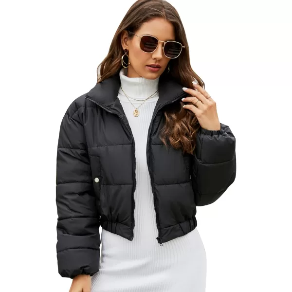 Flygo Women's Cropped Puffer Jacket Zip Up Stand Collar Padded Winter Down Coat
