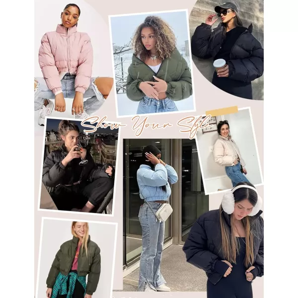 Flygo Women's Cropped Puffer Jacket Zip Up Stand Collar Padded Winter Down Coat