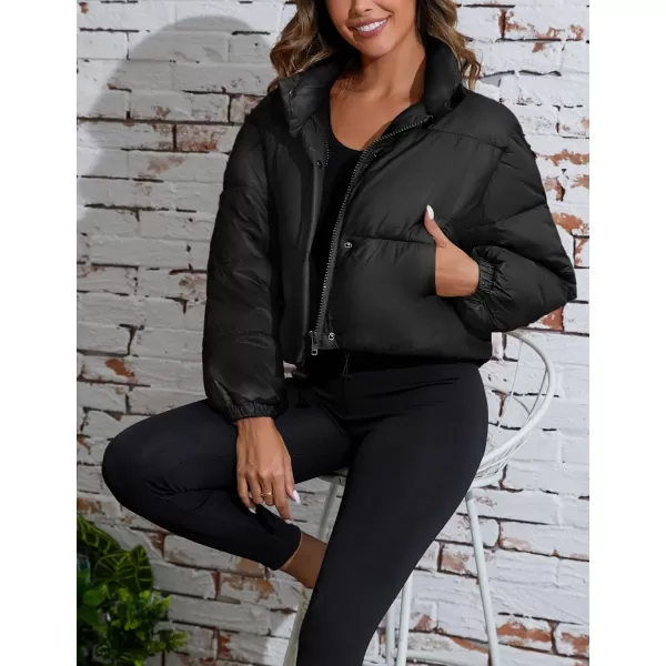 Flygo Women's Cropped Puffer Jacket Zip Up Stand Collar Padded Winter Down Coat