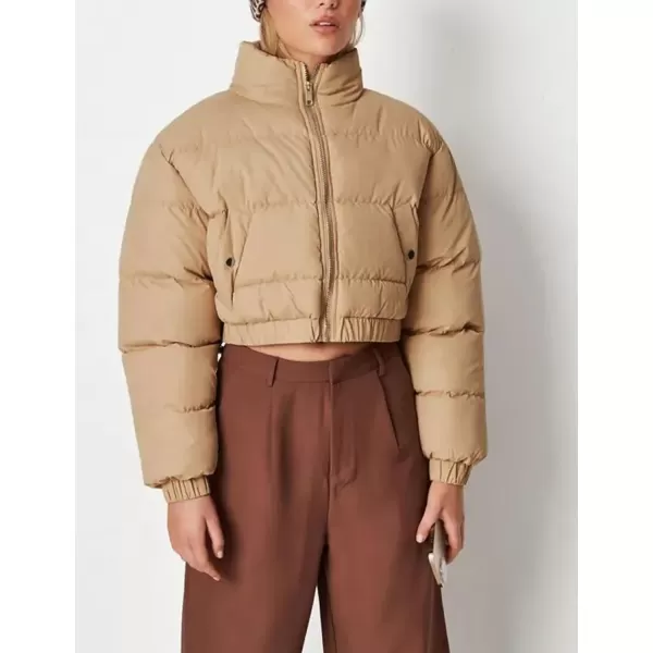 Flygo Women's Cropped Puffer Jacket Zip Up Stand Collar Padded Winter Down Coat