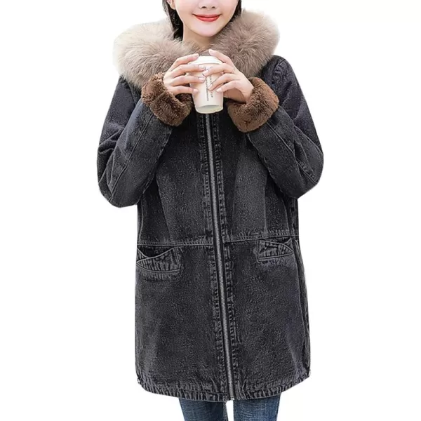 Flygo Women Thick Sherpa Fleece Lined Denim Trucker Jacket Hooded Jean Coat