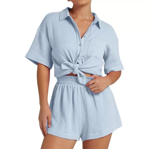 Flygo Womens Casual 2 Piece Outfits Cotton Linen Sets Button Down Shirt Top Shorts Pajama Set Tracksuit