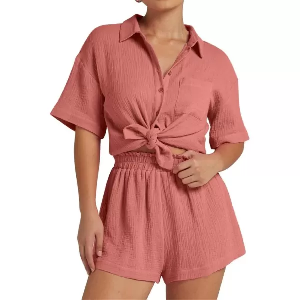 Flygo Womens Casual 2 Piece Outfits Cotton Linen Sets Button Down Shirt Top Shorts Pajama Set Tracksuit
