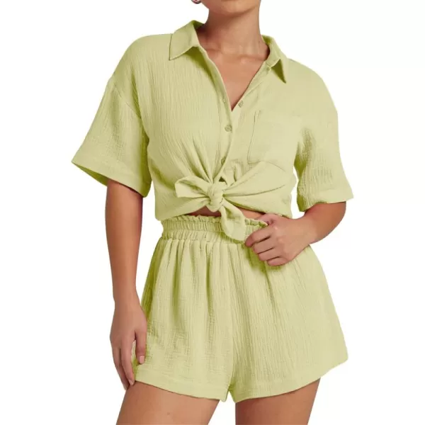Flygo Womens Casual 2 Piece Outfits Cotton Linen Sets Button Down Shirt Top Shorts Pajama Set Tracksuit