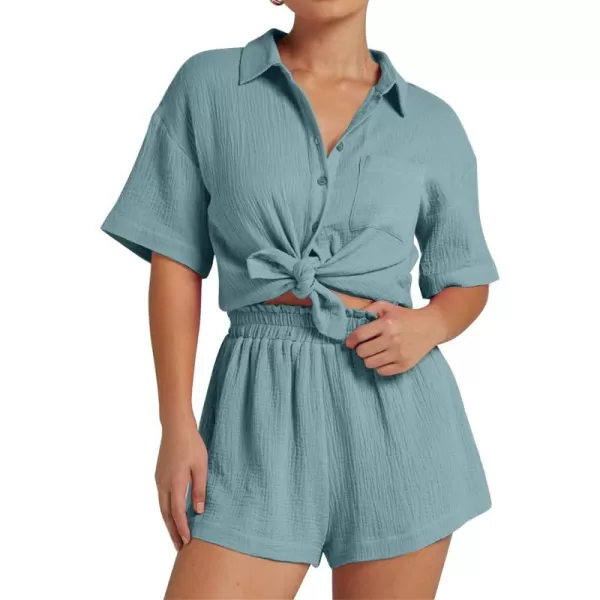Flygo Womens Casual 2 Piece Outfits Cotton Linen Sets Button Down Shirt Top Shorts Pajama Set Tracksuit