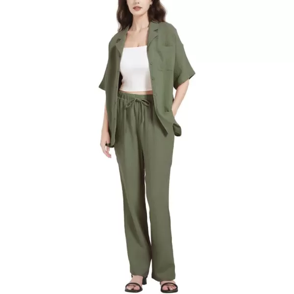 Flygo Womens Casual 2 Piece Outfits Cotton Linen Sets Button Down Shirt Top Shorts Pajama Set Tracksuit