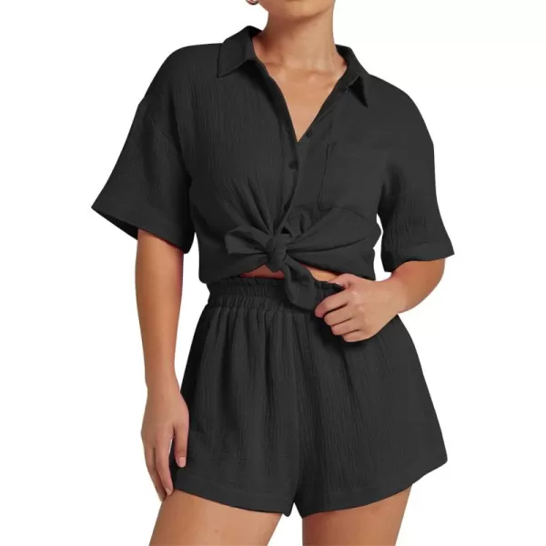 Flygo Womens Casual 2 Piece Outfits Cotton Linen Sets Button Down Shirt Top Shorts Pajama Set Tracksuit