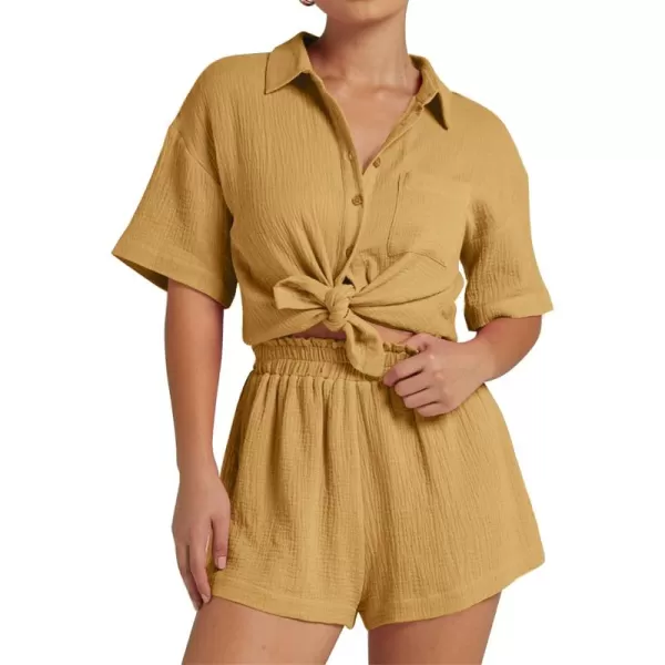 Flygo Womens Casual 2 Piece Outfits Cotton Linen Sets Button Down Shirt Top Shorts Pajama Set Tracksuit