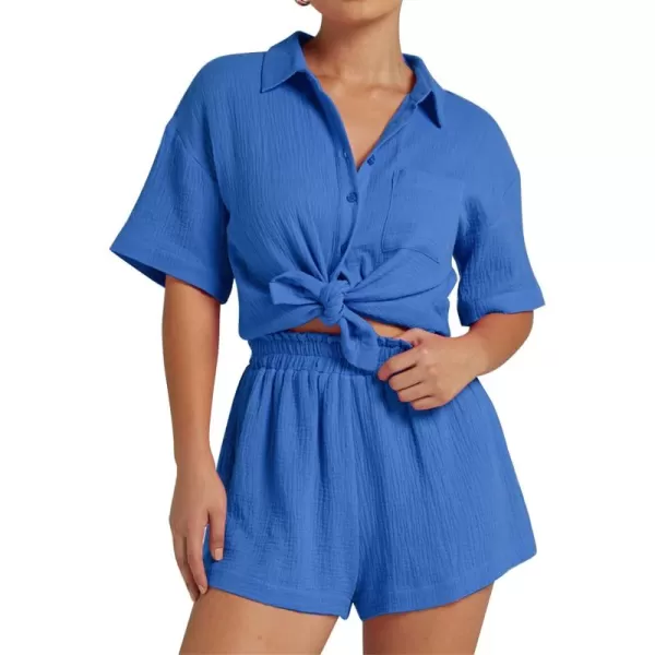 Flygo Womens Casual 2 Piece Outfits Cotton Linen Sets Button Down Shirt Top Shorts Pajama Set Tracksuit