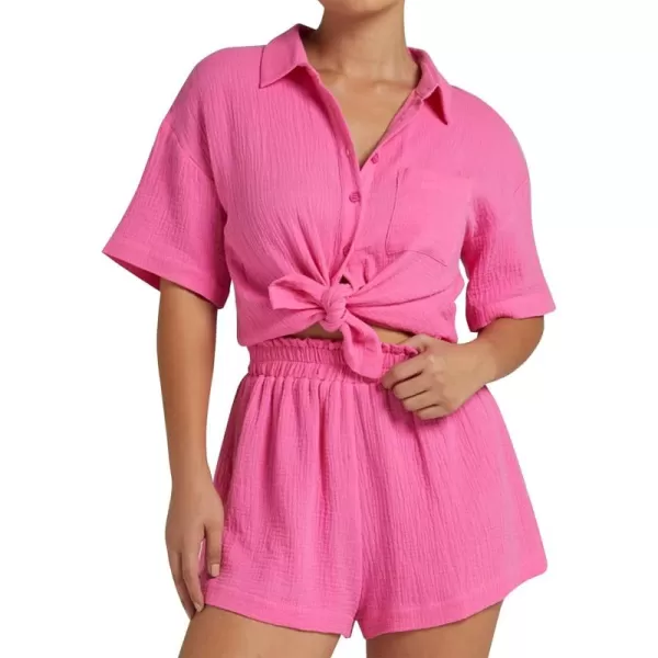 Flygo Womens Casual 2 Piece Outfits Cotton Linen Sets Button Down Shirt Top Shorts Pajama Set Tracksuit