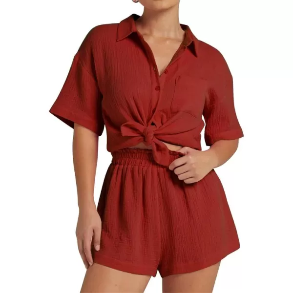 Flygo Womens Casual 2 Piece Outfits Cotton Linen Sets Button Down Shirt Top Shorts Pajama Set Tracksuit